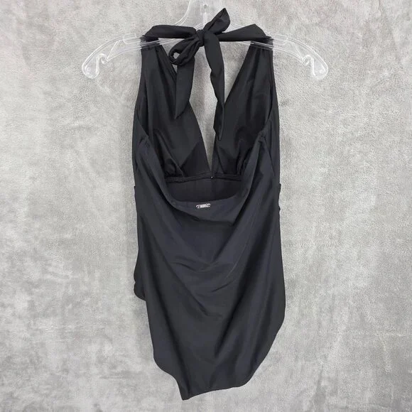 DKNY 1 Piece Swimsuit L Black Halter Ruched Tummy Control Beach Pool Vacay Solid - Picture 8 of 11